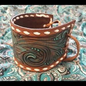 Magpie West Leather Tooled Turquoise Buck-stitch cuff